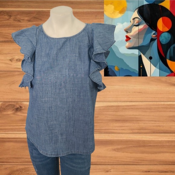 J. Crew Tops - J.Crew Women's Blue Chambray Ruffle Blouse Size 6P – Lightweight Summer Top